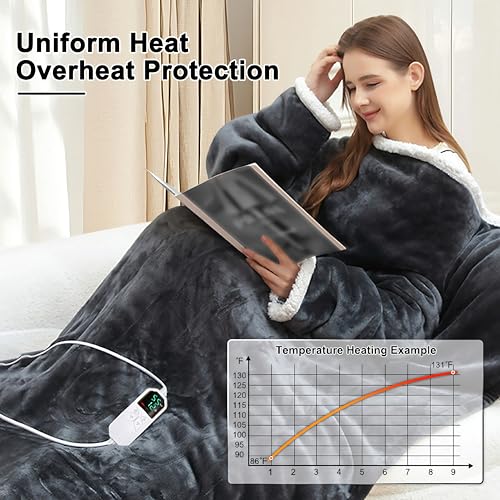 KINGTE Wearable Heated Blanket Portable with Sleeves & Foot Pocket - Electric Snuggle Throw Blanket, 8 Heat Settings, 1-12...