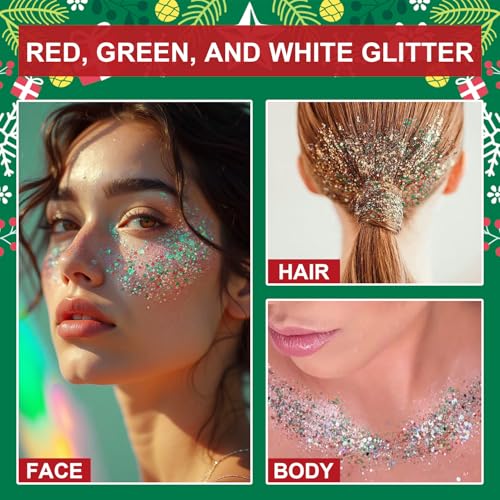Christmas Body Glitter Stick, Waterproof Halloween Face Glitter Gel, Chunky Glitter Face Paint, Green Red White Sequin Hai...