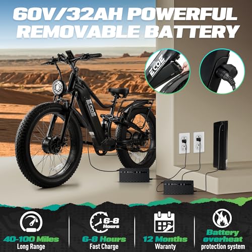 EcoE 6000W/5000W Dual Motor Electric Bike for Adults 52MPH with 60V32A, 26x4 Fat Tire All Terrain Ebikes, Full Suspension ...