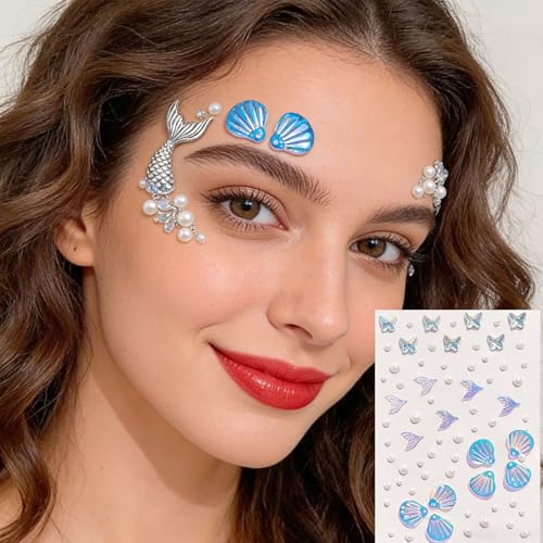 140 pcs Mermaid Face Gems & Seashell Rhinestones -Waterproof Self-Adhesive Face Jewels for Festival, Rave, Cosplay, Body A...