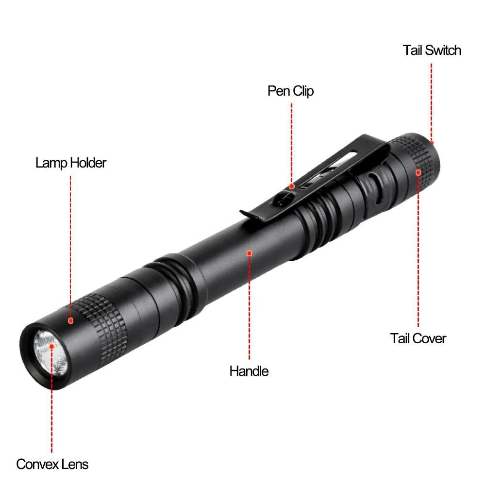 Tileon 5Pcs Led Pen Flashlight, 500 Lumen Mini Pocket Light, Aluminum, Black, Model 316