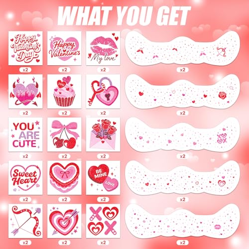 Cerlaza Valentines Day Accessories, 40 Pcs Valentines Temporary Tattoos Heart Glitter Freckles Face Stickers Makeup for Wo...