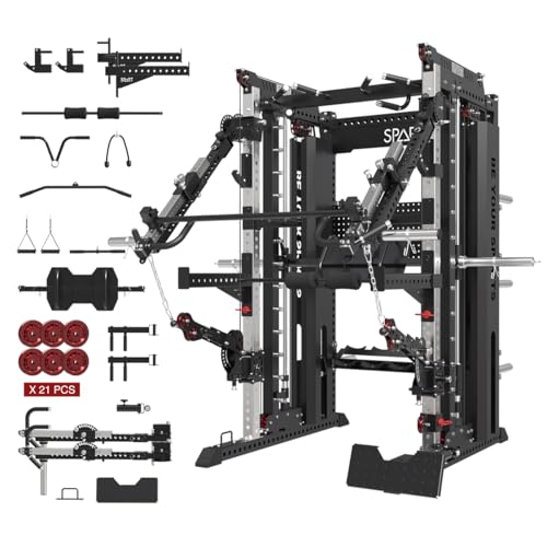 Commercial Smithe Machine with Weight Stack, All-in-One Power Cage Squat Rack Home Gym System with Leg Press Attachment & ...