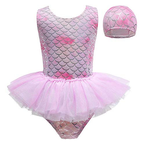 HIHCBF Toddler Girls One Piece Swimsuit Rainbow Bathing Suits Ruffle Tutu Swimwear with Cap Mermaid Fishscale Beachwear