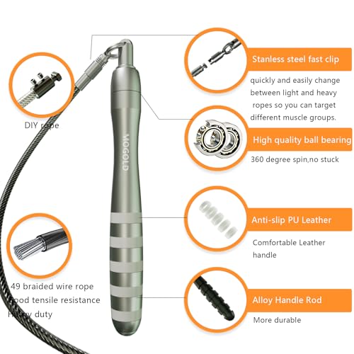 MOGOLD Speed Jump Rope with Weights - Interchangeable 2mm & 5mm Dual Cables Fast-Clip System for CrossFit, Double Unders, ...