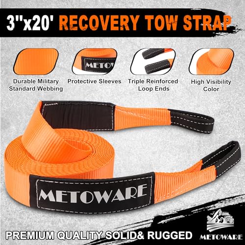 METOWARE Heavy Duty Tow Strap Recovery Kit - 3" x 20ft(35,000lbs) Tree Saver Winch Strap + 3/4" D Ring Shackles(2pcs) + St...