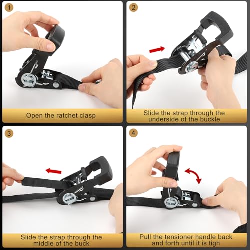 IAZZCO Ratchet Straps - Heavy Duty Tie Downs Straps - 1 Inch x 15 Feet 4 Pack - Safety S Hooks & Soft Loops, 1800LBS Break...