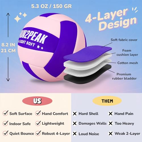 RUN2PEAK Super Soft Light Volleyball - Safe and Quiet Fabric Volleyball Ball for Indoor Play - Official Size 5 Kids Youth ...