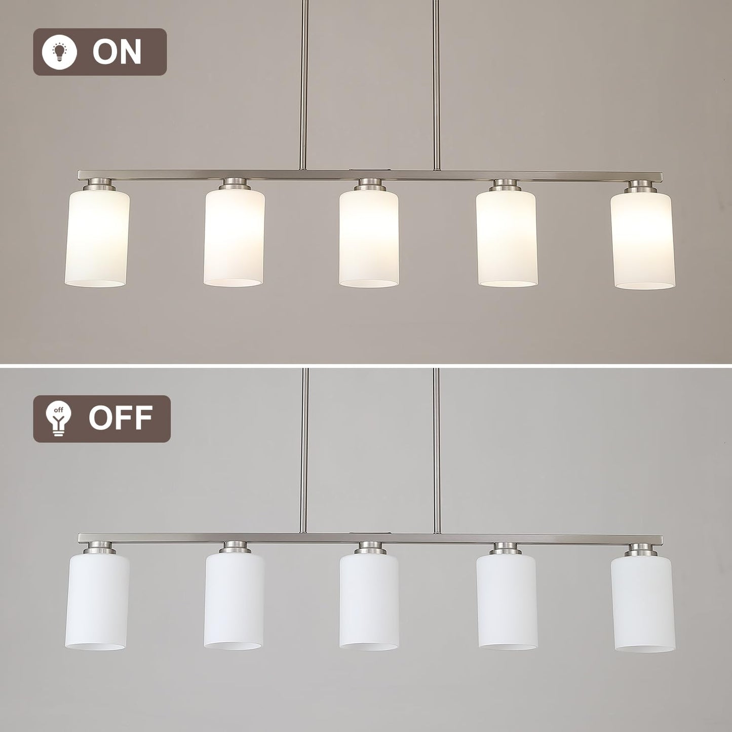 Mecgirn Island Light For Kitchen  Brushed Nickel Dining Room Light Fixture Over Table With Milk Glass Shade  5-Light Linear Chandelier Pendant Lighting For Dining Table Kitchen Island Living Room