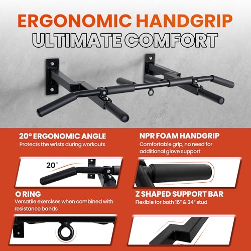 Yes4All Multi-Grip Wall Mount Pull-Up Bar, 16 Inches & 24 Inches Reversible Stud and Wall Compatibility Mounted Pull Up Ba...