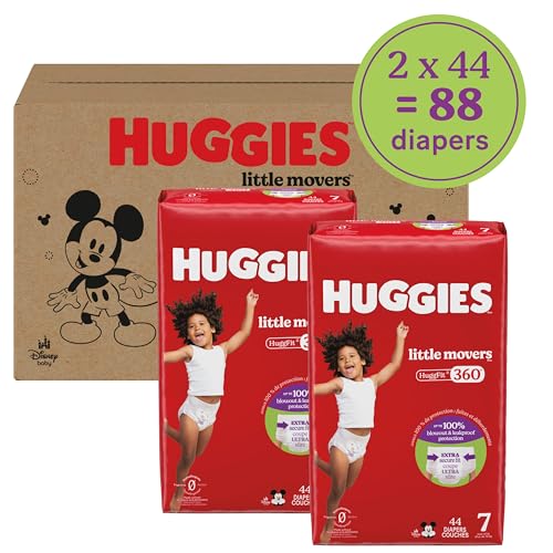 Huggies Size 7 Baby Diapers, Little Movers HuggFit 360° Baby Diapers with 360° Waistband, Size 7 (41+ lbs), 88 Count (2 Pa...