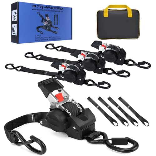 Retractable Ratchet Straps, 1763lb Break Strength Heavy Duty Auto Self Retracting Ratchet Strap with Soft Loops, 1 Inch x ...