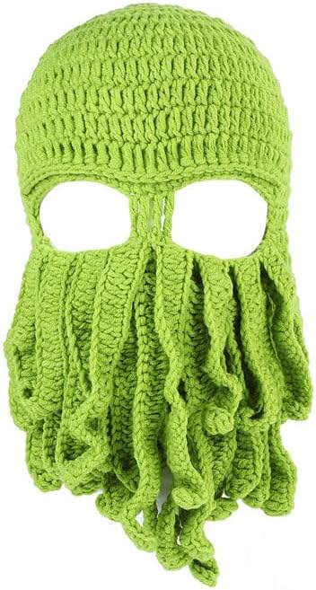 Knitted Octopus Balaclava Beanie, Green Hand-Crafted Winter Hat with Tentacles, Adult Size, for Hiking, Cycling, Outdoor A...