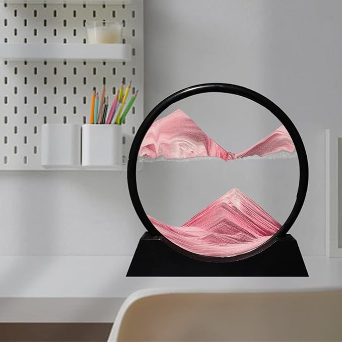 Aoderun Moving Sand Art Picture Round Glass 3D Deep Sea Sandscape in Motion Display Flowing Sand Frame Relaxing Desktop Home Office Work Decor (12", Pink)