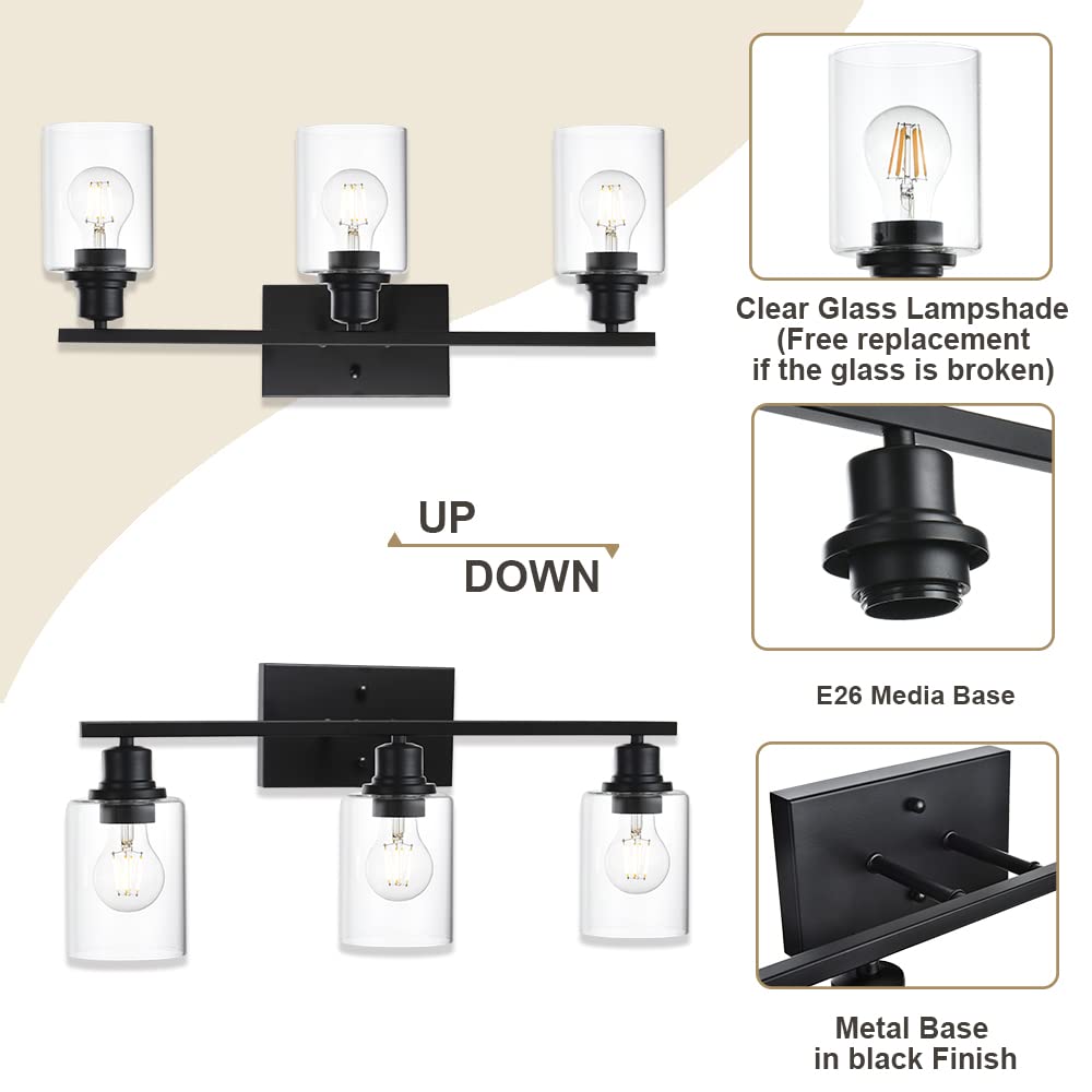 Vinluz Matte Black Vanity Light For Bathroom 3 Light Farmhouse Indoor Bathroom Lighting Fixtures Over Mirror With Clear Glass Shade For Dressing Table
