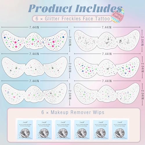 Noerrors 6 Styles Glitter Freckle Face Tattoo Sticker Sparkling Holographic Multichrome Speckle Patches Multi-color Face G...