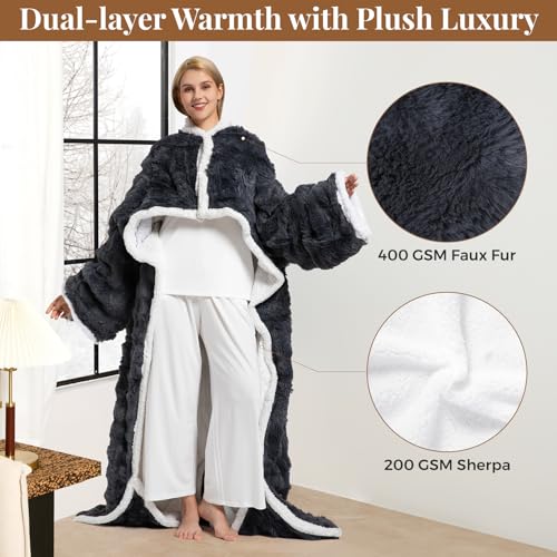 Wearable Heated Blanket, Luxury Faux Fur & Sherpa Electric Throw Blanket with Sleeves, Foot Pockets, Heated Robe for Women...