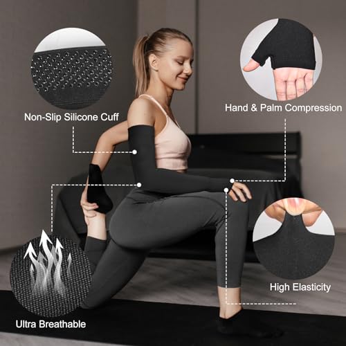 Hiball Lymphedema Medical Compression Arm Sleeve with Gauntlet, 20-30 mmHg Graduated Compression Full Arm Support for Wome...