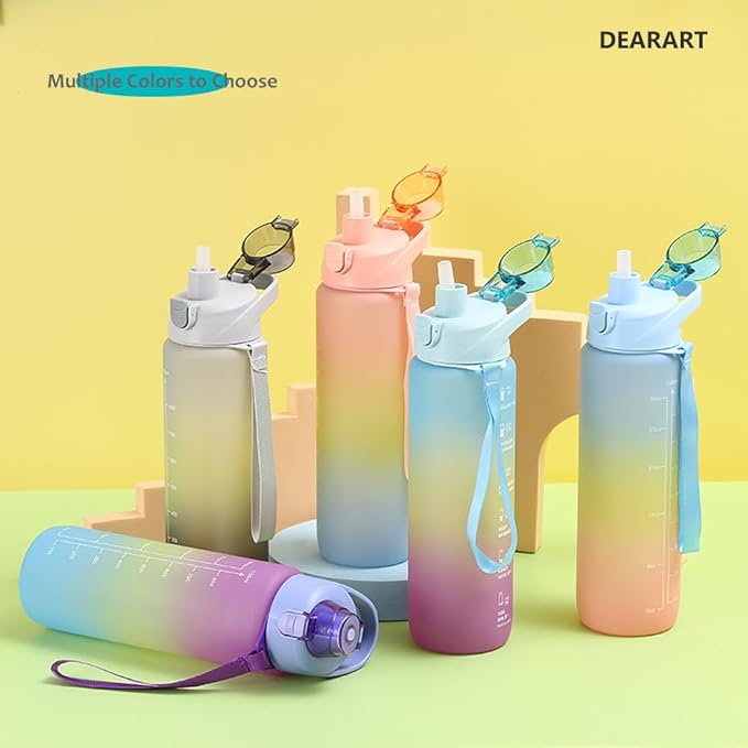 DEARART 32oz Water Bottle With Motivational and Time Marker, BPA FREE Quick Drink No Straw, Easy Clean Suit Sports Office Gym School, Purple-Mix