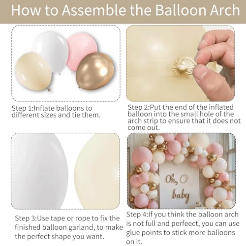 Pink Gold White Balloon Arch Kit, Pastel Light Pink and Beige Sand White Gold Chrome Balloon Garland Kit for Girls Women B...