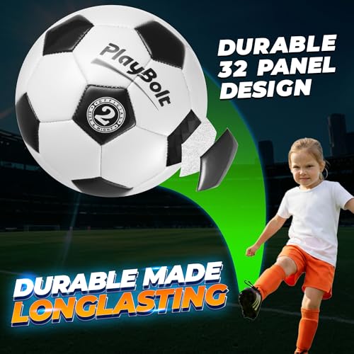 PlayBolt Soccer Ball Size 2/3/4 or 5 - Premium PVC Leather Cover - Youth Soccer Balls with Pump - Sports Training, Practic...
