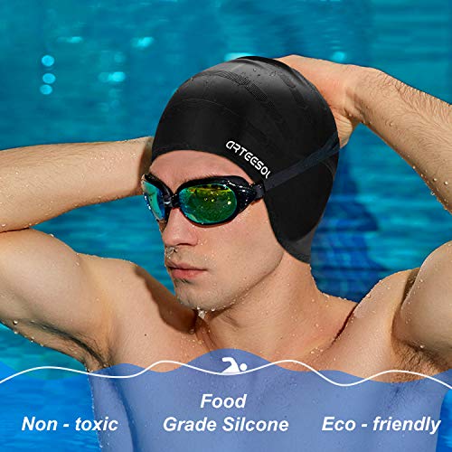 Silicone 3D Ear Protection Swim Cap - Latex-Free Non-Slip Waterproof for Long Hair/Thin Braids, Chlorine Resistant Tear-Re...