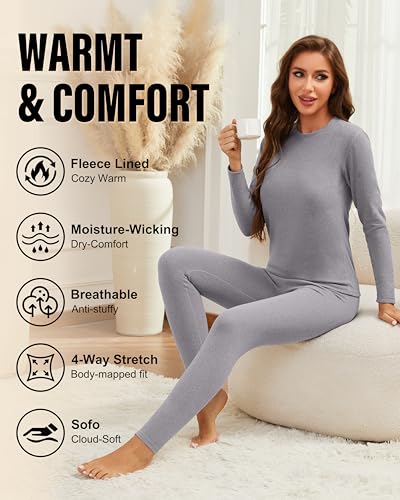HeliosCloak 2 Sets Thermal Underwear for Women Long Johns With Fleece Lined Long Sleeve Top & Bottom Base Layer Cold Weather