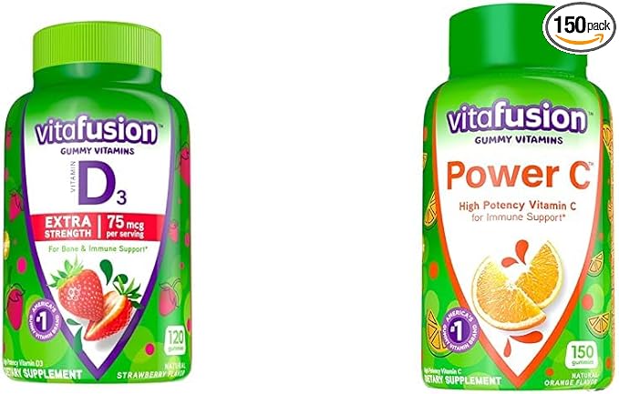 Vitafusion Extra Strength Vitamin D3 Gummy & Power C Vitamin C Gummies for Immune Support, Orange Flavored, 282 mg Vitamin C, America’s Number 1 Gummy Vitamin Brand, 50 Day Supply, 150 Count