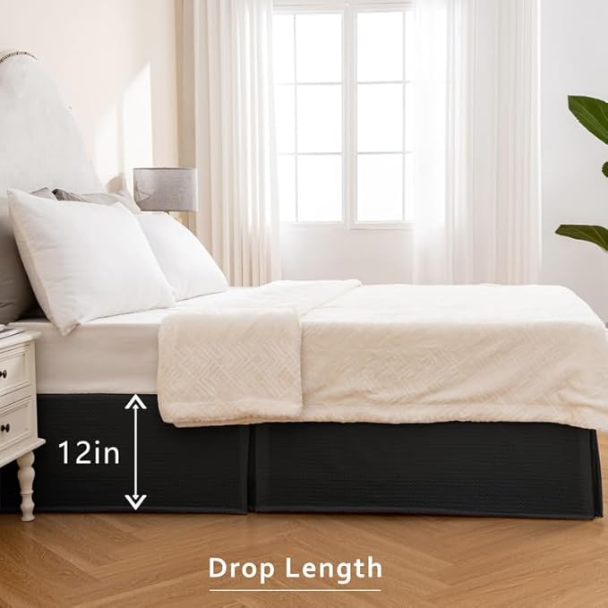 MIYE Pleated Waffle Weave Bed Skirt, Tailored Dust Ruffle 12 Inch Drop Easy Fit, Machine Washable (Black, King - 12" Drop)