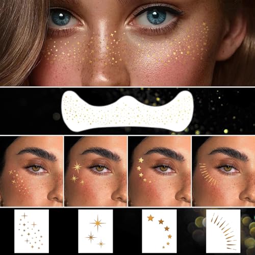 20 Pcs Gold Face Makeup Patches, Glitter Freckles Face Tattoo for Teenagers & Young Women, Sparkle Freckles Makeup Patche...