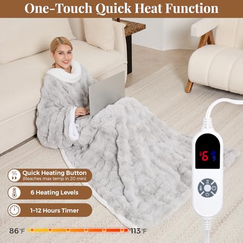 Wearable Heated Blanket, Luxury Faux Fur & Sherpa Electric Throw Blanket with Sleeves, Foot Pockets, Heated Robe for Women...