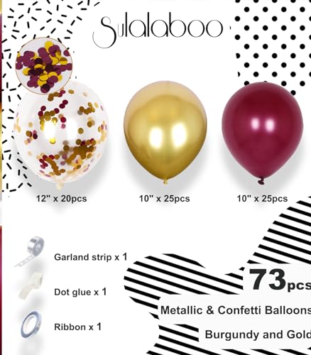 Sulalaboo Metallic Burgundy and Gold Balloons 12 Inch 73PCS Gold Maroon Confetti Latex Balloons Shiny Helium Balloon Set f...