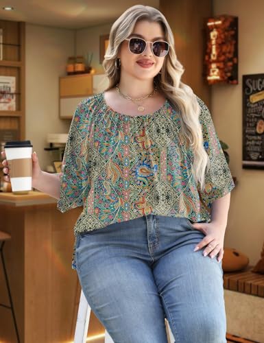 LOMON Womens Plus Size Tops Summer 3/4 Length Sleeve Crewneck Blouses Dressy Casual Loose Curvy Flowy Tunic Shirts 1X-5X