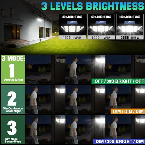 Solar Lights Outdoor Waterproof Motion Sensor - 416 LEDs 3000 Lumens Super Bright 3 Brightness 3 Modes 2400mAh 360° Illumi...