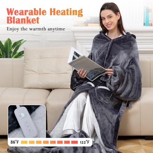 Wearable Heated Blanket with Heated Foot Pocket, Electric Wearable Throw Blanket with Sleeves, Hood, Foldable Foot Pocket,...