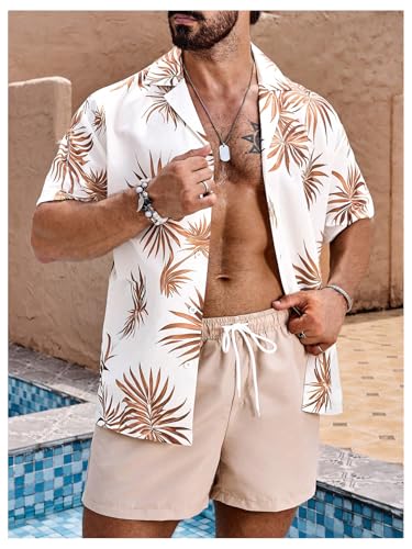 OYOANGLE Men's Hawaiian 2 Piece Outfit Sets Beach Casual Outfits Short Sleeve Button Down Shirt and Shorts Suits