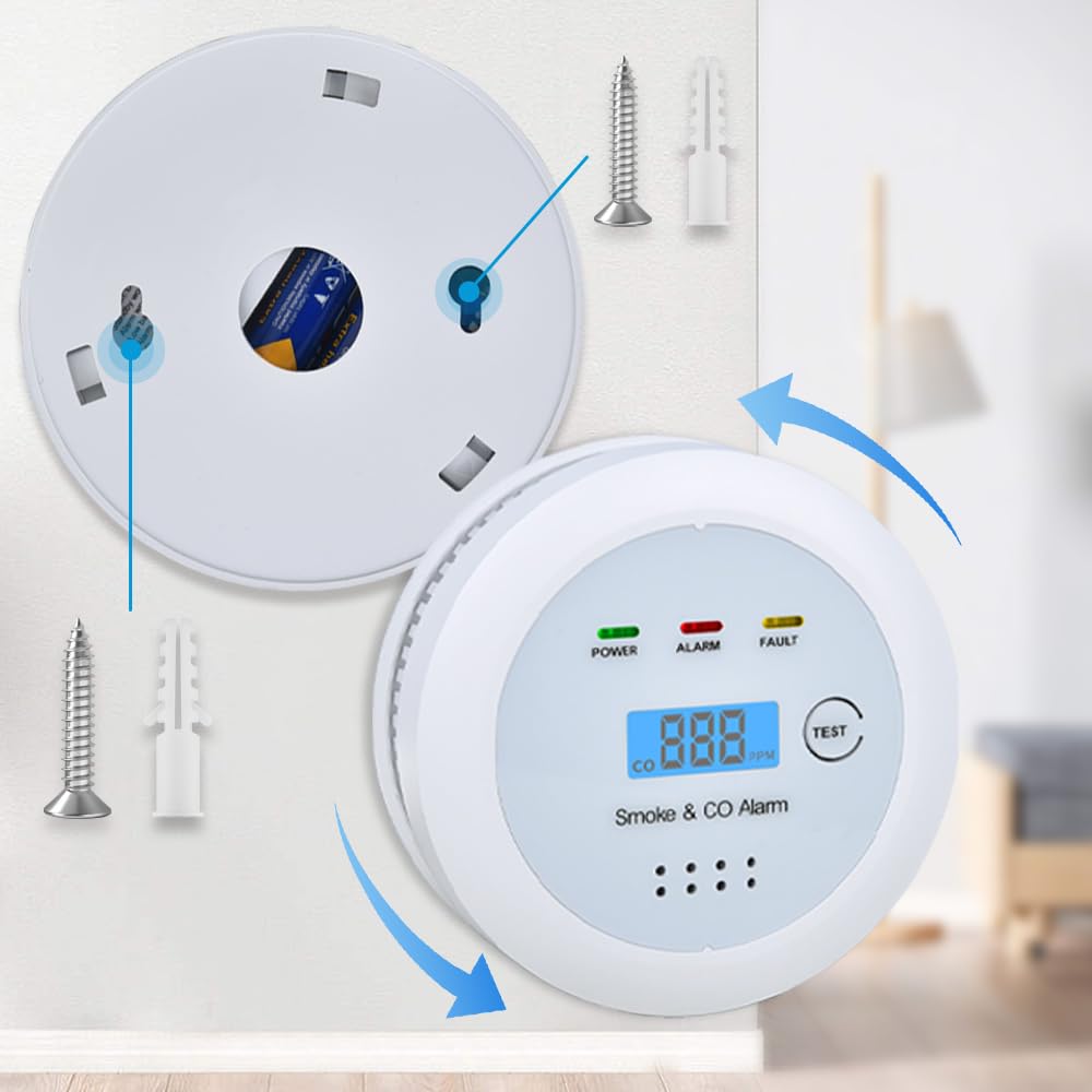 2 in1 Smoke Detector Carbon Monoxide Detector Combo,with LCD Digital Display and Sound Warning Test Button，Battery Powered，Easy Installation, for Home, Bedroom, Kitchen(2PACKS)