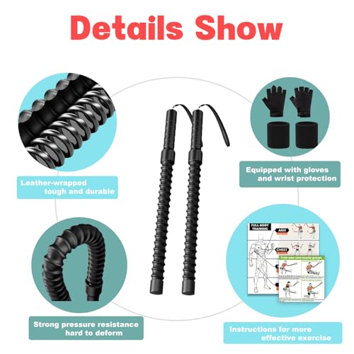 Ropeless Battle Ropes – Weighted Portable Workout Ropes for Home Gym, Cordless Jump/Arm Exerciser with Non-Slip Gloves & T...