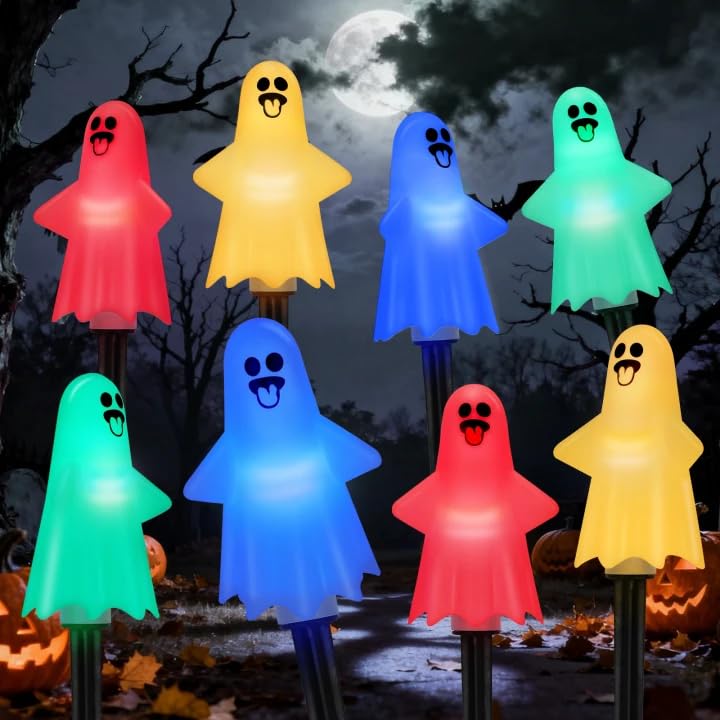 8 Pack Outdoor Halloween Decorations  Solar Ghost Stake Lights With 8 Lighting Modes  Waterproof Ghost Halloween Decor Pathway Lights For Garden Yard Patio Porch