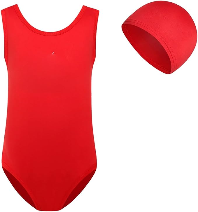 Girls Swimsuit Summer Bathing Suit Beach Solid Cover Up Swimwear Adjustable Straps Cute Swimwear Sets with Swim Cap