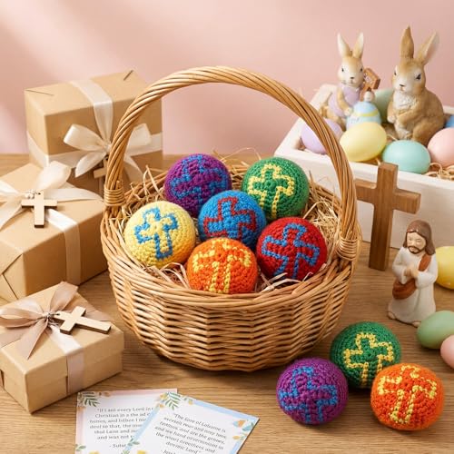 Teyva Daily 24 Pcs Christian Knitted Sack Balls Religious Cross Christian Hacky Balls Juggling Ball for Easter Sunday Scho...