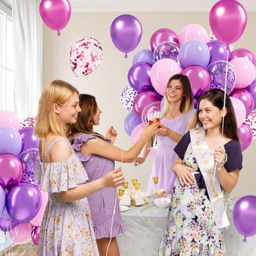 61pcs Pink and Purple Balloons, 12 Inch Purple Pink Confetti Balloons, Metallic Balloon with Ribbon for Bridal Baby Shower...