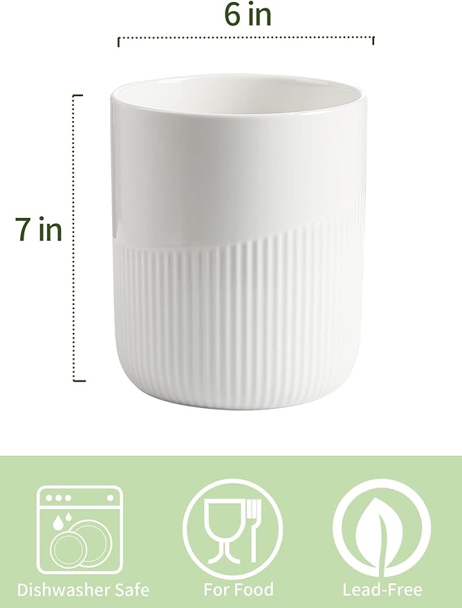 Onniyor Ceramic Kitchen Utensil Holder, 7" Large Stable Utensil Crock, Cooking Utensil Organizer for Counter, Kitchen Decor, spoon holder for countertop, Dishwasher Safe, White