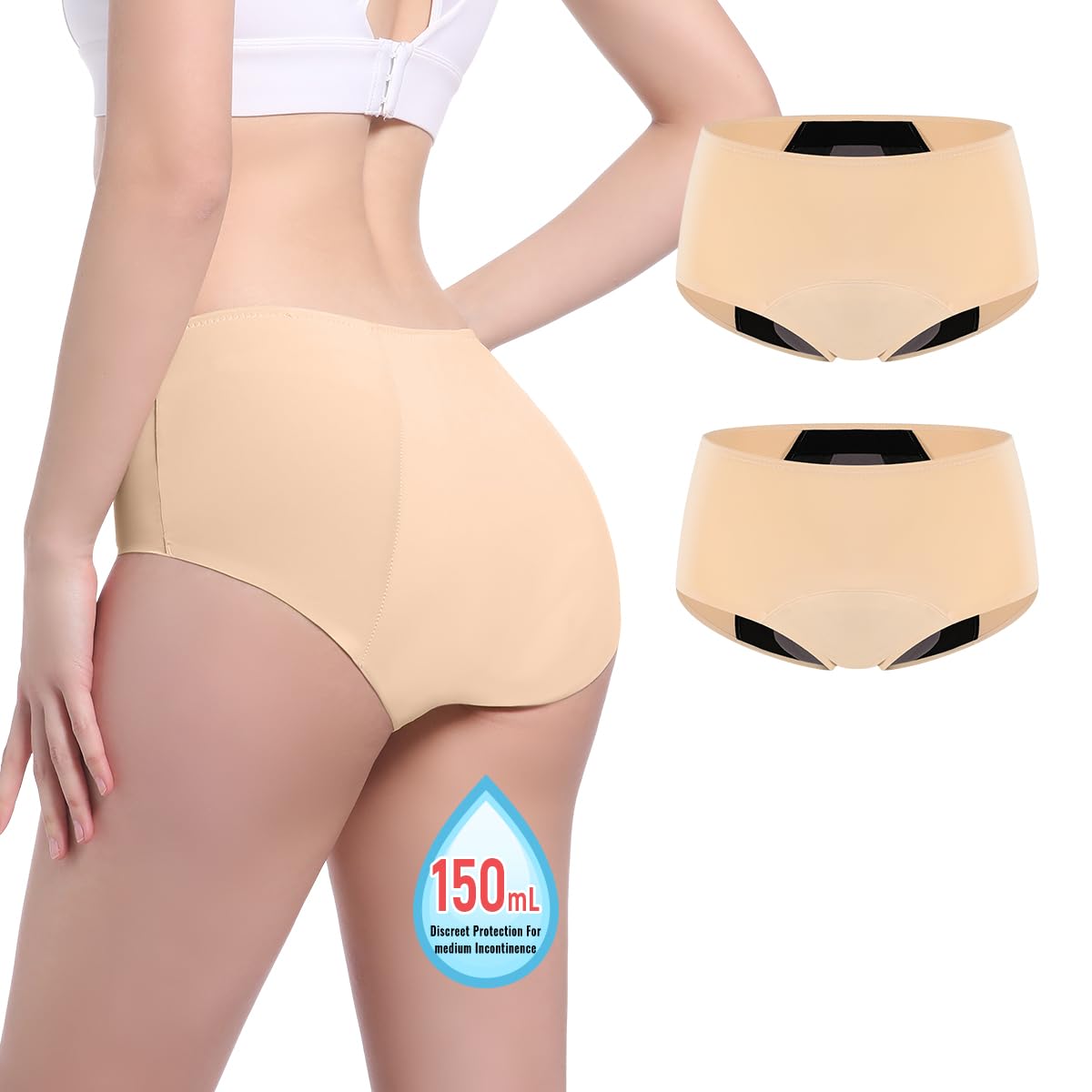 Carer Incontinence Underwear for Women Washable 150ml High Absorbent Leak Proof Underwear for Women Incontinence Panties for Incontinence Postpartum Bladder Leak 2 Pack Beige XL