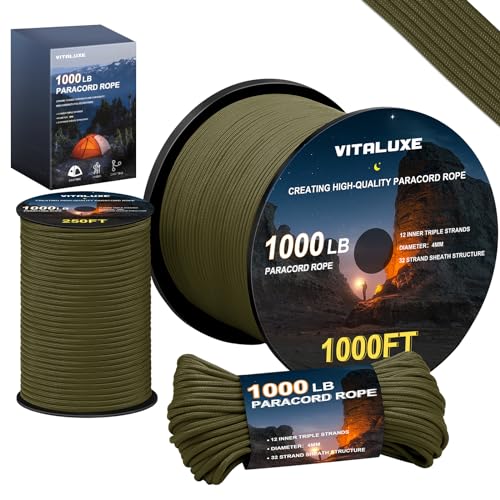 VITALUXE 1000lb Paracord Rope, 4mm 12 Triple Strands Paracord, Heavy Duty Tactical Parachute Cord for Survival Gear, Campi...