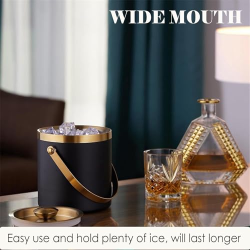 Sipoyen Ice Bucket with Lid, Handle and Tong Black Gold Insulated Stainless Steel Champagne Bucket 2L Wine Bucket for Part...