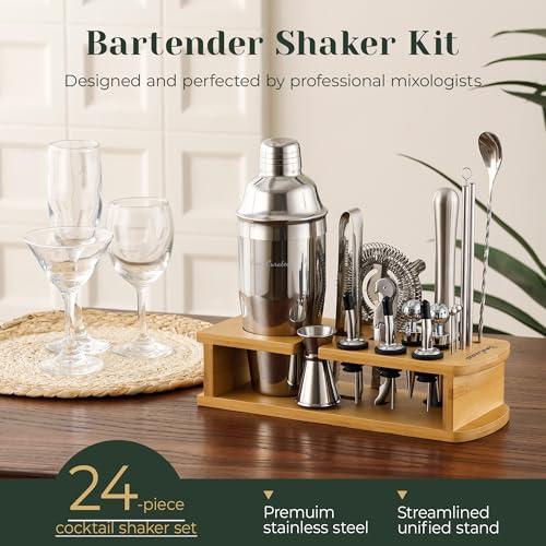 HomeCurated Cocktail Shaker Set, 24-Piece Bar Bartender Kit with Stand, Martini Shaker, Jigger, Strainer,Mixer Spoon,Muddl...