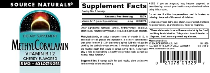 Source Naturals Methylcobalamin Vitamin B-12 5mg Cherry Flavored - 60 Lozenges