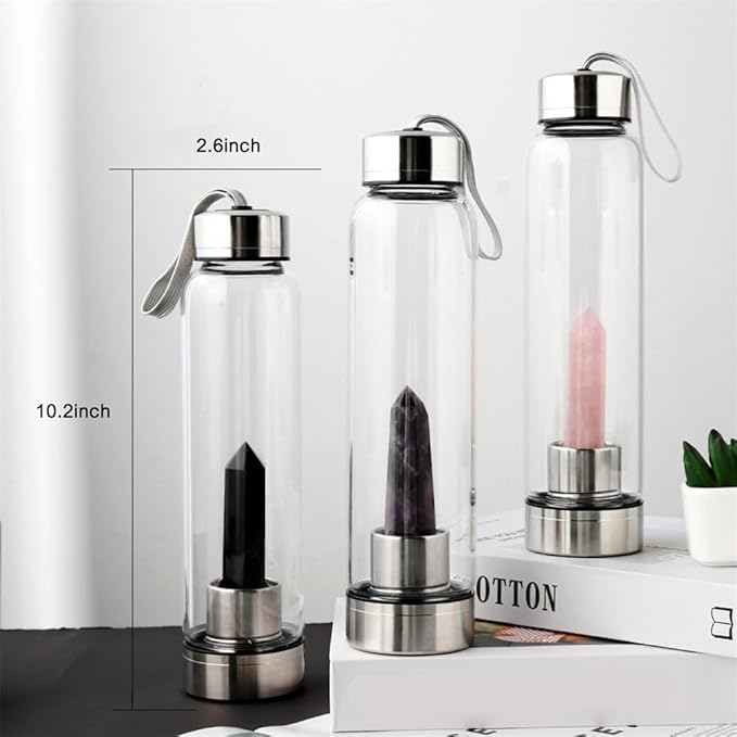 Crystal Glass Water Bottle,Water Bottle With Gemstone Center Crystal Elixir Bottle,Removable Gemstones Creative Water Cup Crystal Column Magic Wand Energy Cup for Gifts (D-Red Green Treasure)