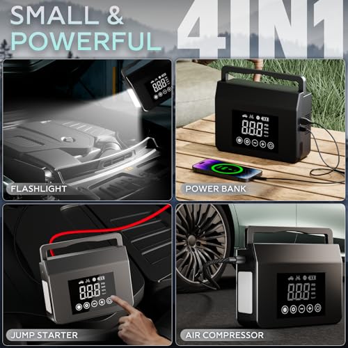Hieha Car Battery Jump Starter with Air Compressor 4000A (9.0 L Gas/8.0L Diesel), Battery Charger 12V Jump Box with 150PSI...